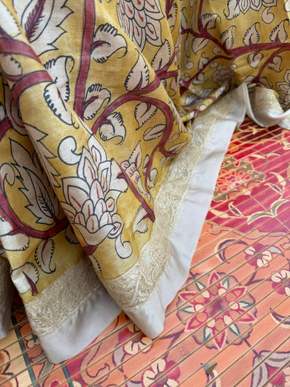 Pure silk tussar with Chikankari X Penkalamkari