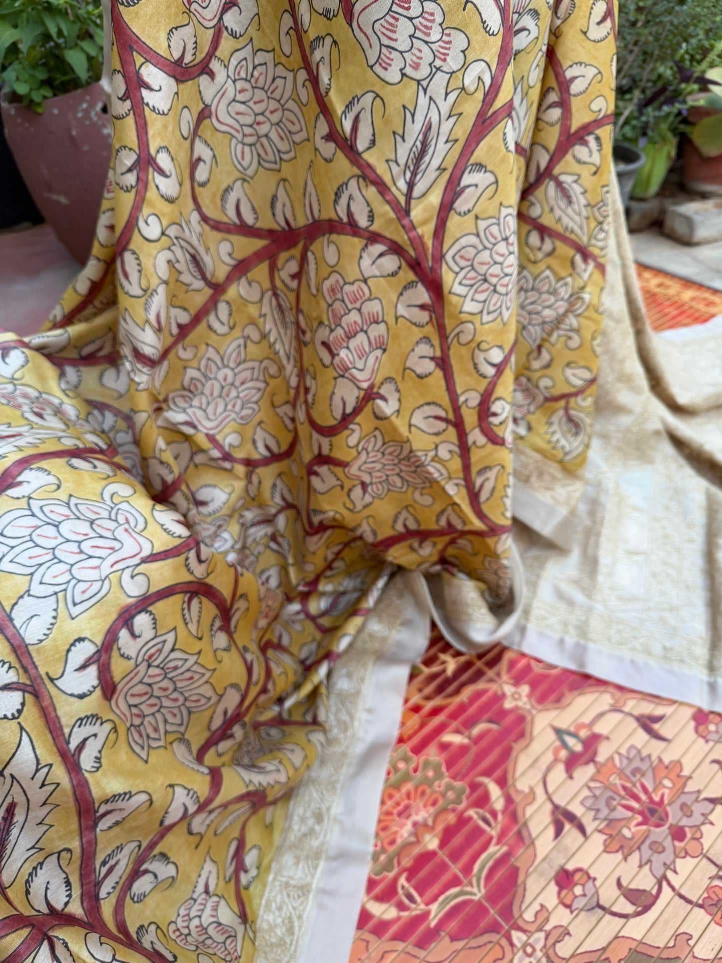 Pure silk tussar with Chikankari X Penkalamkari