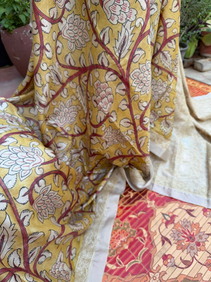 Pure silk tussar with Chikankari X Penkalamkari