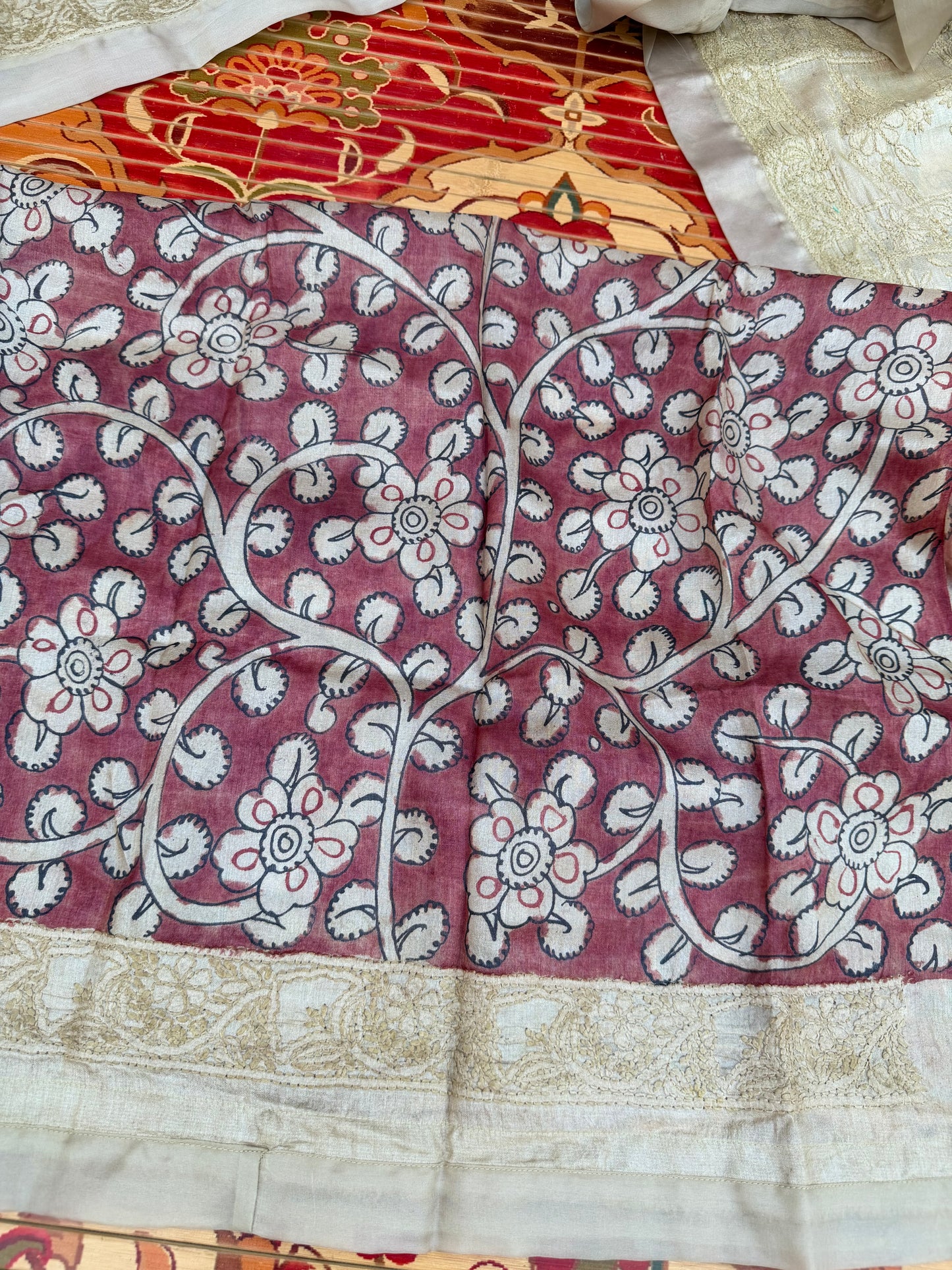 Pure silk tussar with Chikankari X Penkalamkari