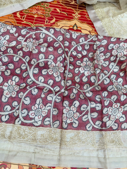 Pure silk tussar with Chikankari X Penkalamkari