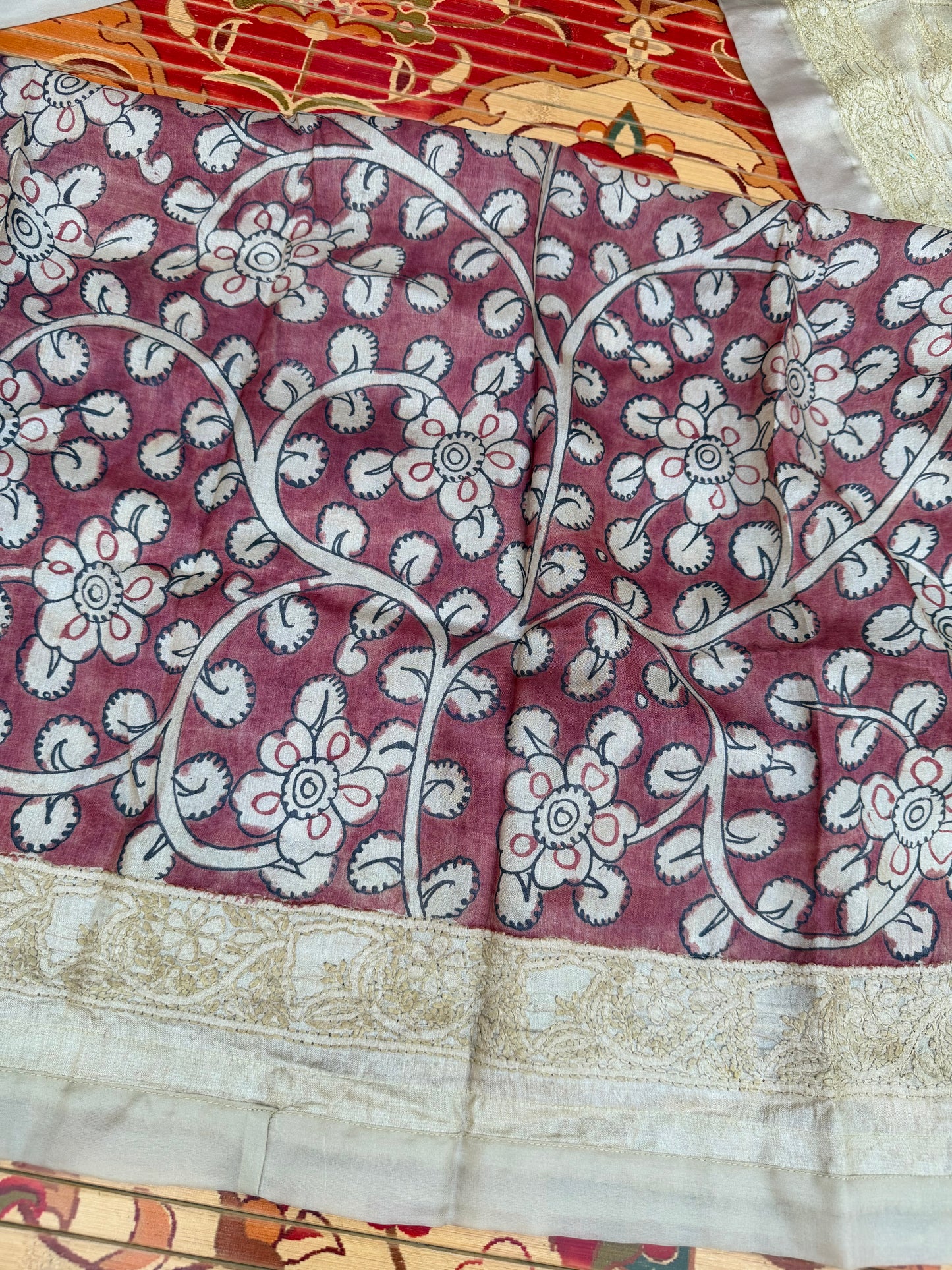 Pure silk tussar with Chikankari X Penkalamkari
