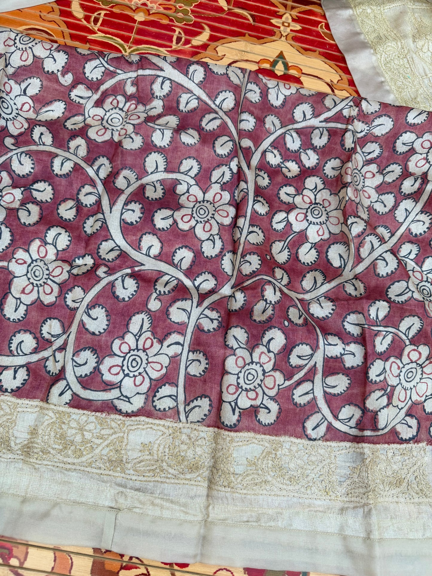 Pure silk tussar with Chikankari X Penkalamkari