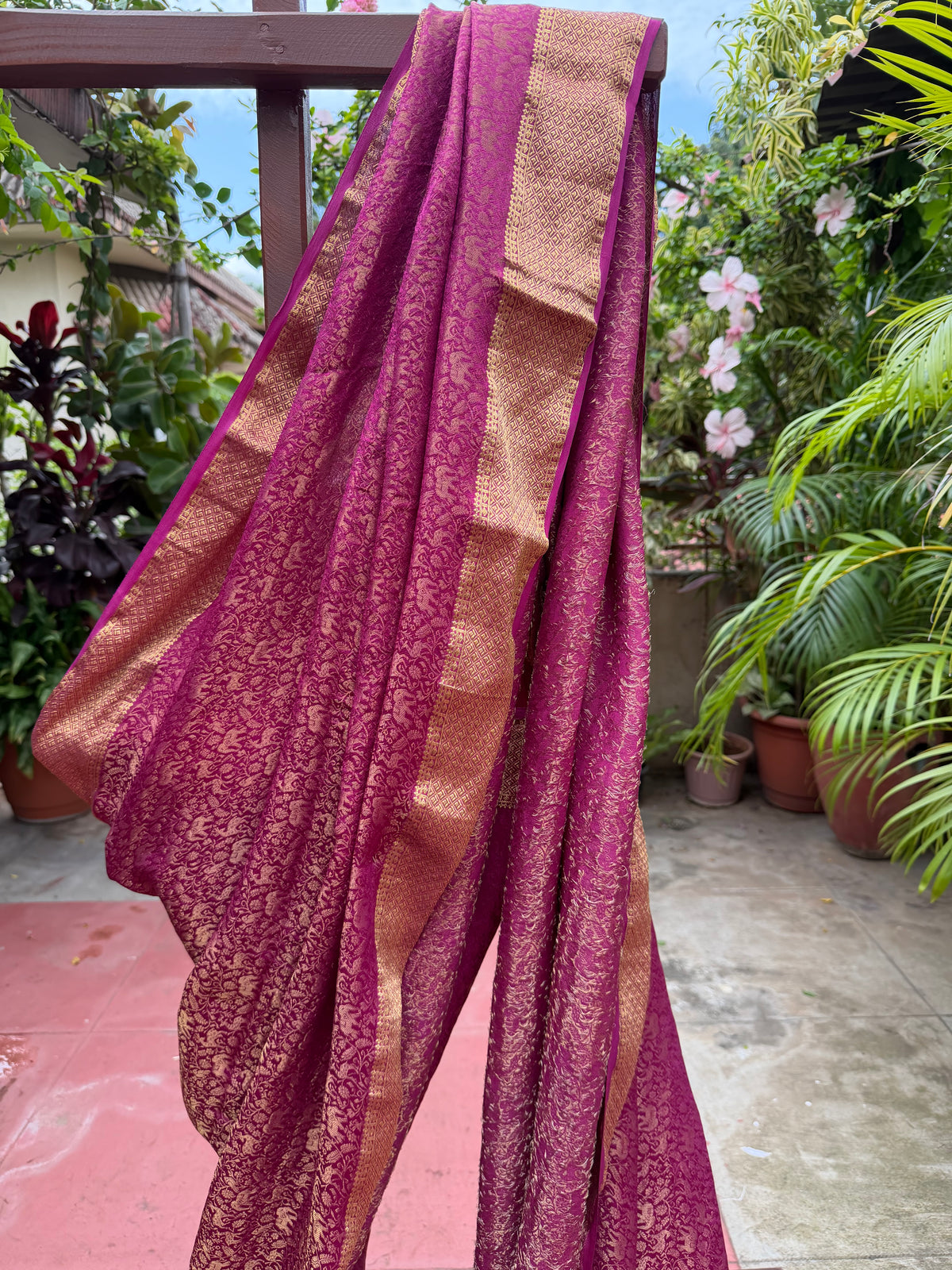 Pure benaras crepe with handknotted bandhini pallus & blouses.