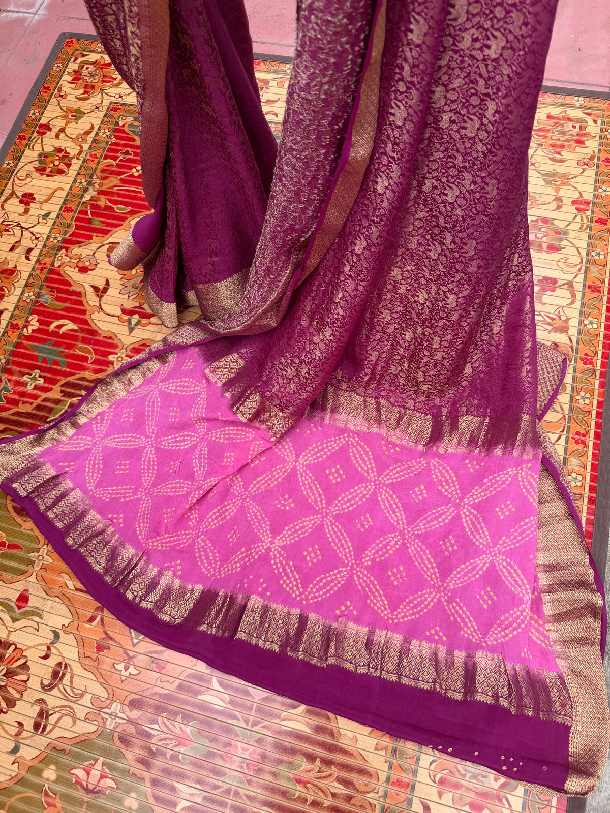 Pure benaras crepe with handknotted bandhini pallus & blouses.