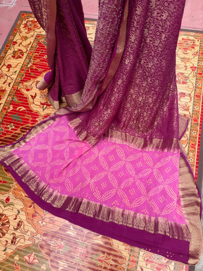 Pure benaras crepe with handknotted bandhini pallus & blouses.