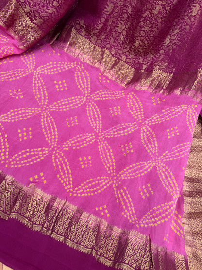 Pure benaras crepe with handknotted bandhini pallus & blouses.