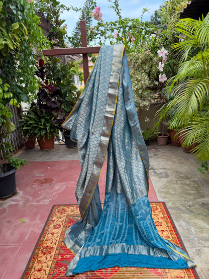 Pure benaras crepe with handknotted bandhini pallus & blouses.