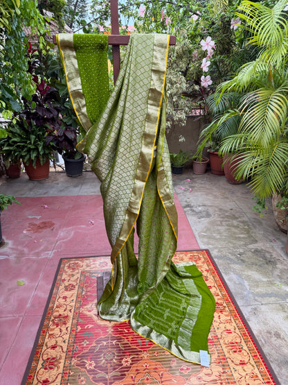 Pure benaras crepe with handknotted bandhini pallus & blouses.