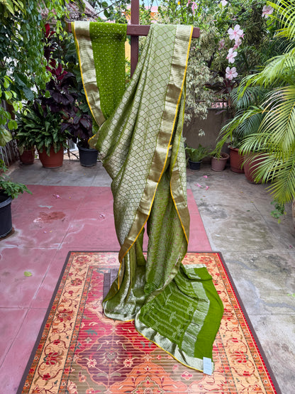 Pure benaras crepe with handknotted bandhini pallus & blouses.