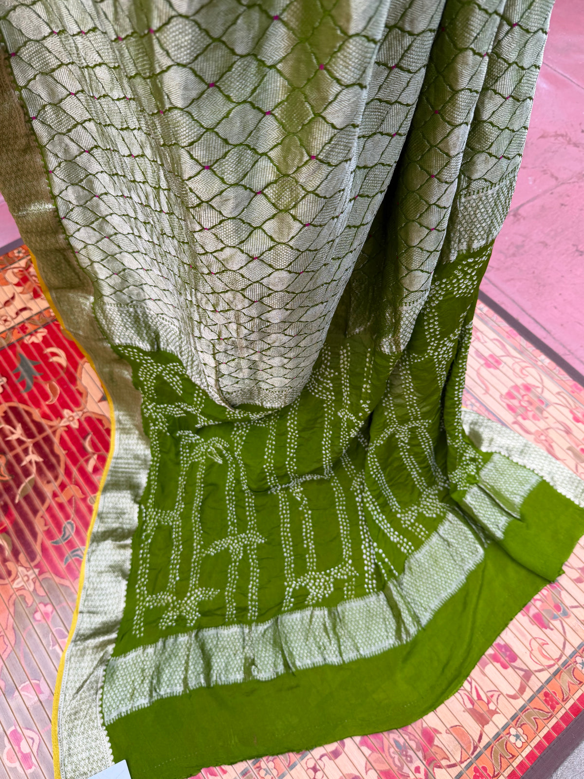 Pure benaras crepe with handknotted bandhini pallus & blouses.