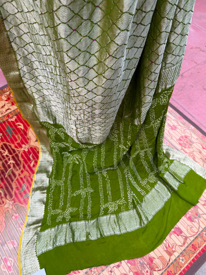 Pure benaras crepe with handknotted bandhini pallus & blouses.