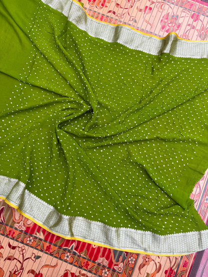 Pure benaras crepe with handknotted bandhini pallus & blouses.