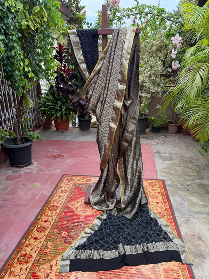 Pure benaras crepe with handknotted bandhini pallus & blouses.