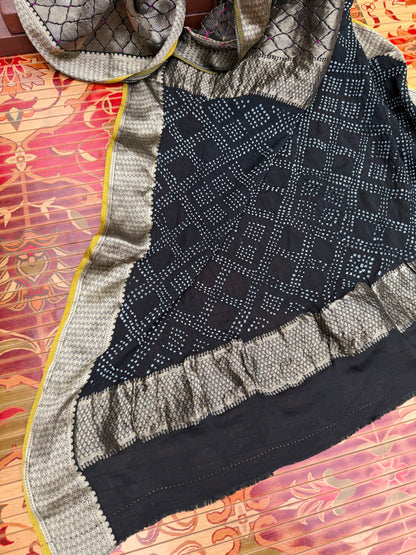 Pure benaras crepe with handknotted bandhini pallus & blouses.