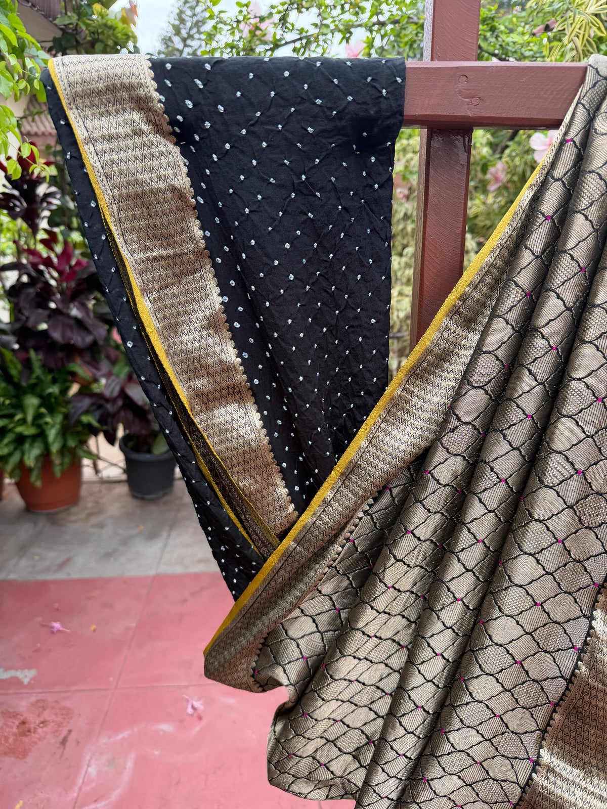Pure benaras crepe with handknotted bandhini pallus & blouses.