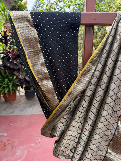 Pure benaras crepe with handknotted bandhini pallus & blouses.