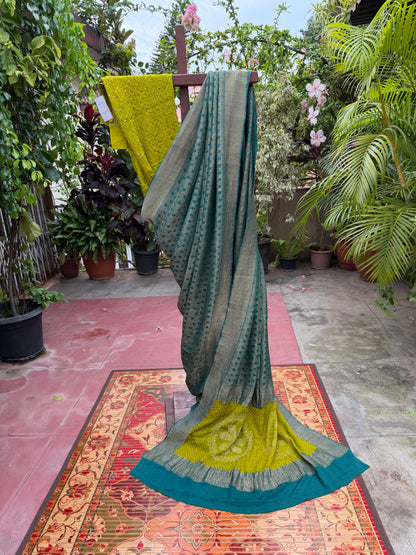 Pure benaras crepe with handknotted bandhini pallus & blouses.