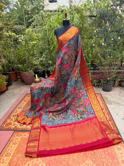 Pure Silk Hand Woven Kanchipattu Penkalamkari saree