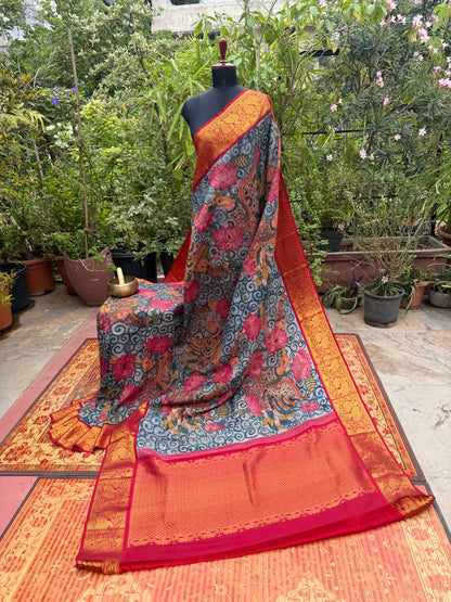 Pure Silk Hand Woven Kanchipattu Penkalamkari saree