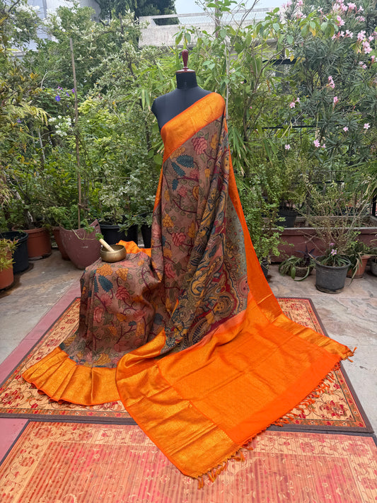 Pure Kanjeevaram Silk With Penkalamkari Saree