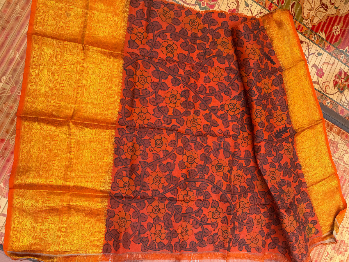 Pure Kanjeevaram Silk With Penkalamkari Saree