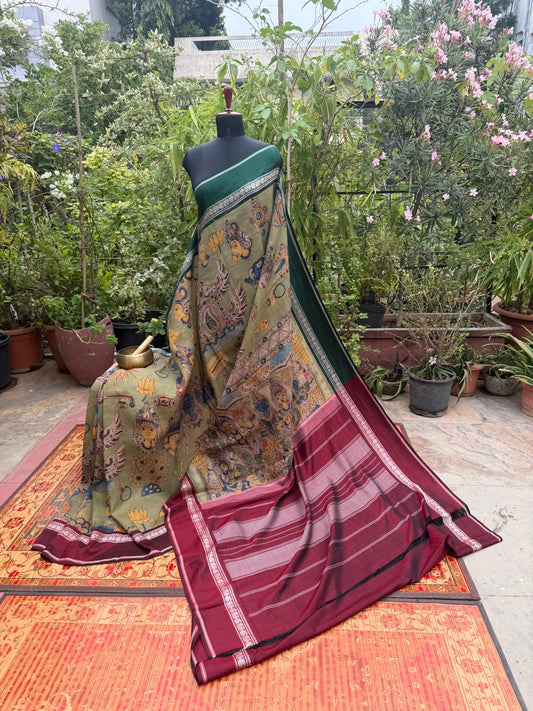 Zariless Kanchi Pattu Saree With Penkalamkari Saree