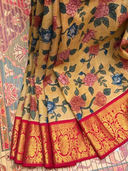 Pure Silk Hand Woven Kanchipattu With Penkalamkari saree