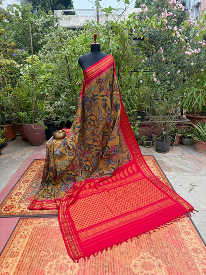 Pure Silk Handwoven Gadwal With Penkalakari Saree