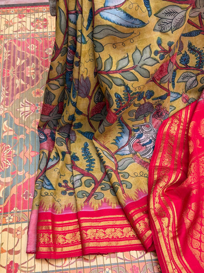 Pure Silk Handwoven Gadwal With Penkalakari Saree
