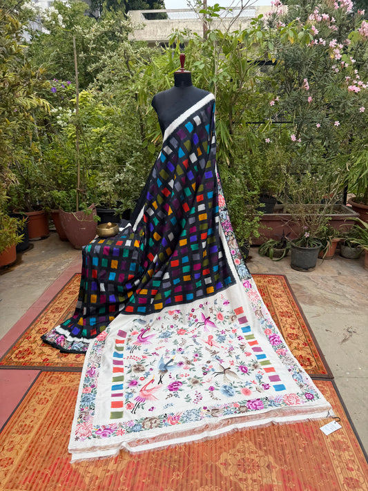 Pure Silk Ikat With Hand Embroided Parsi Work Saree