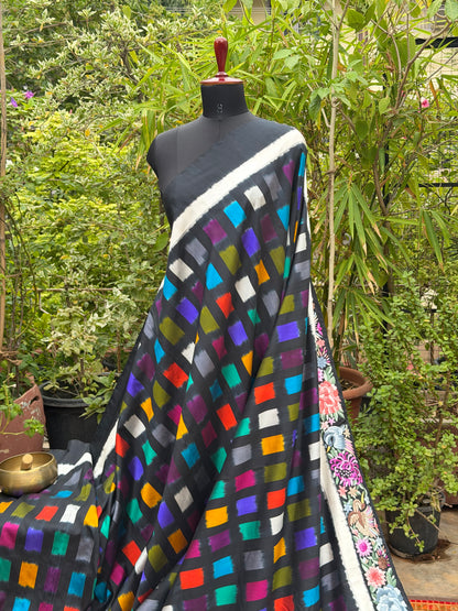 Pure Silk Ikat With Hand Embroided Parsi Work Saree