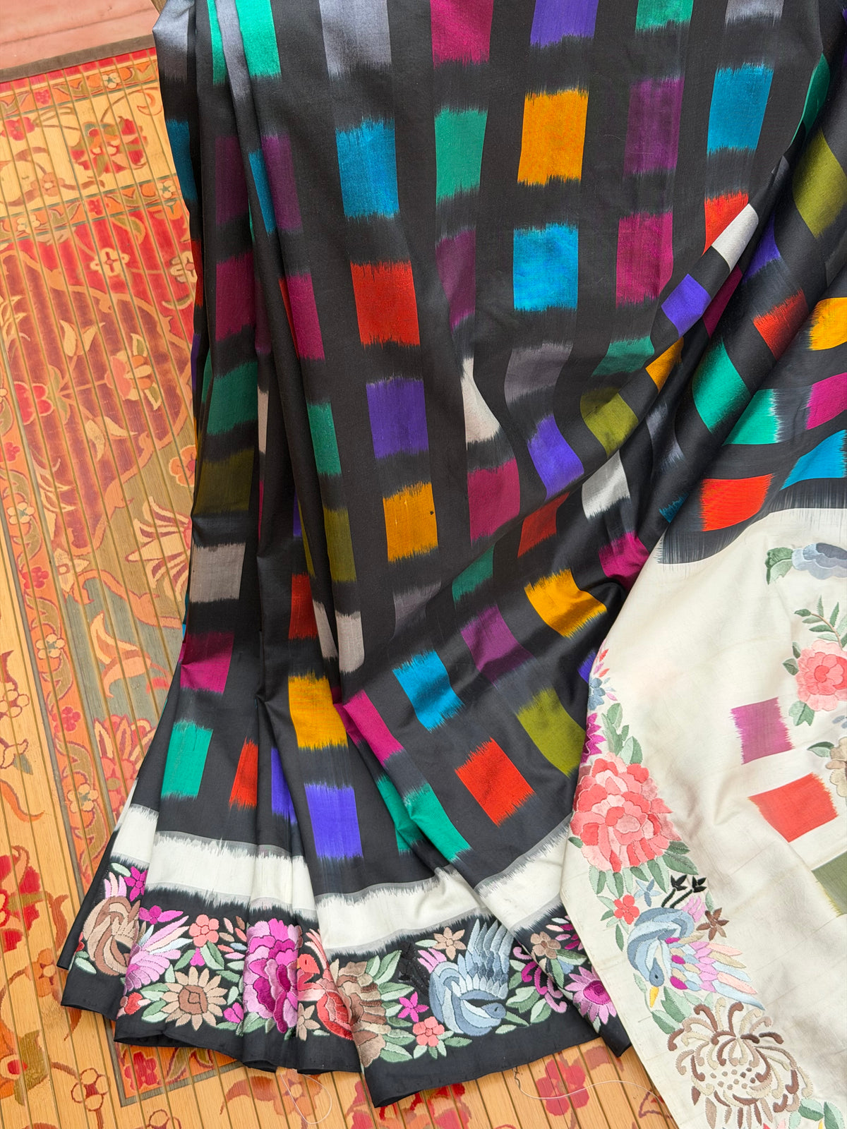 Pure Silk Ikat With Hand Embroided Parsi Work Saree