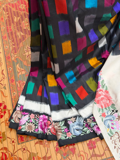 Pure Silk Ikat With Hand Embroided Parsi Work Saree