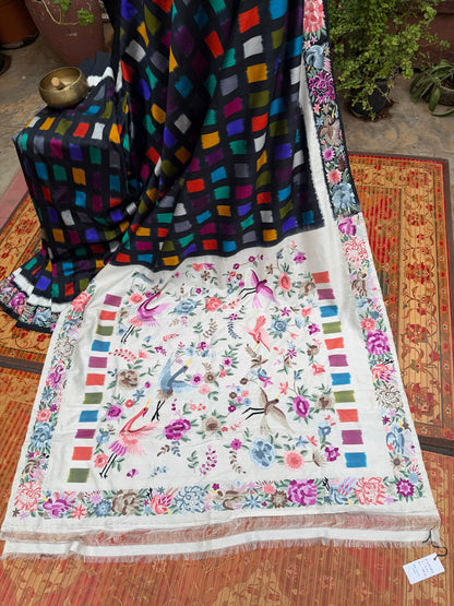 Pure Silk Ikat With Hand Embroided Parsi Work Saree