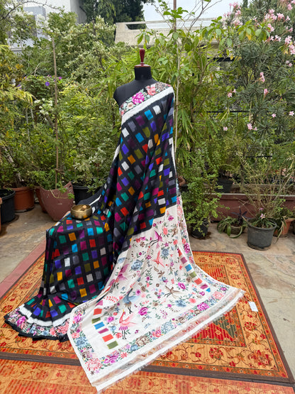 Pure Silk Ikat With Hand Embroided Parsi Work Saree