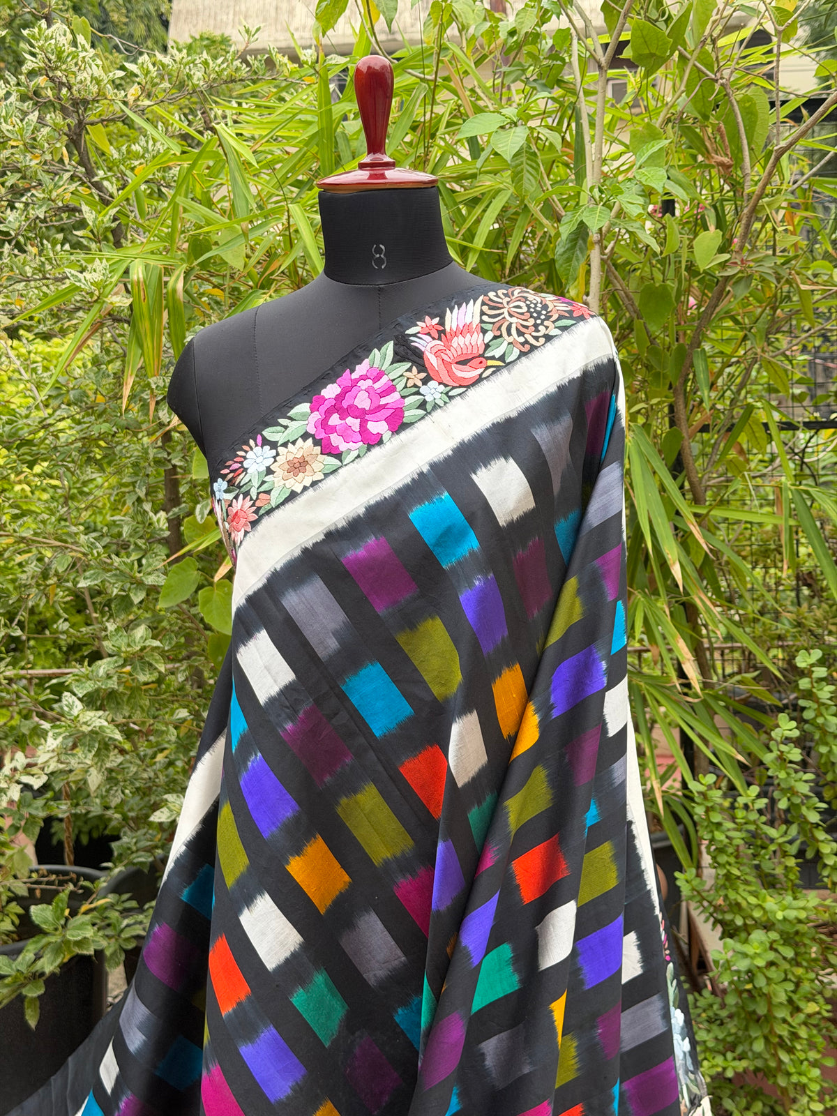 Pure Silk Ikat With Hand Embroided Parsi Work Saree