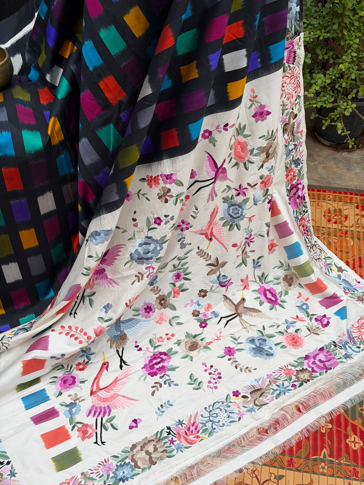 Pure Silk Ikat With Hand Embroided Parsi Work Saree