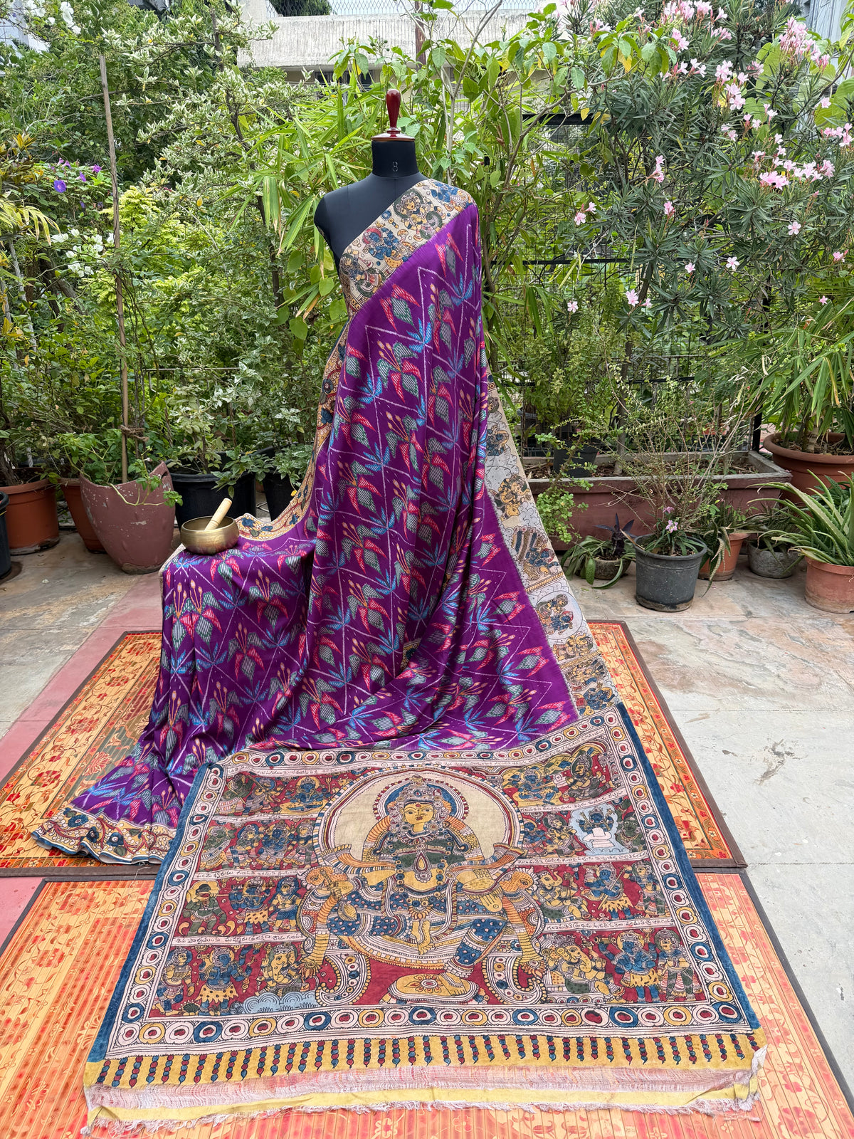 Pure Silk Handwoven Ikkat With Penkalamkari saree