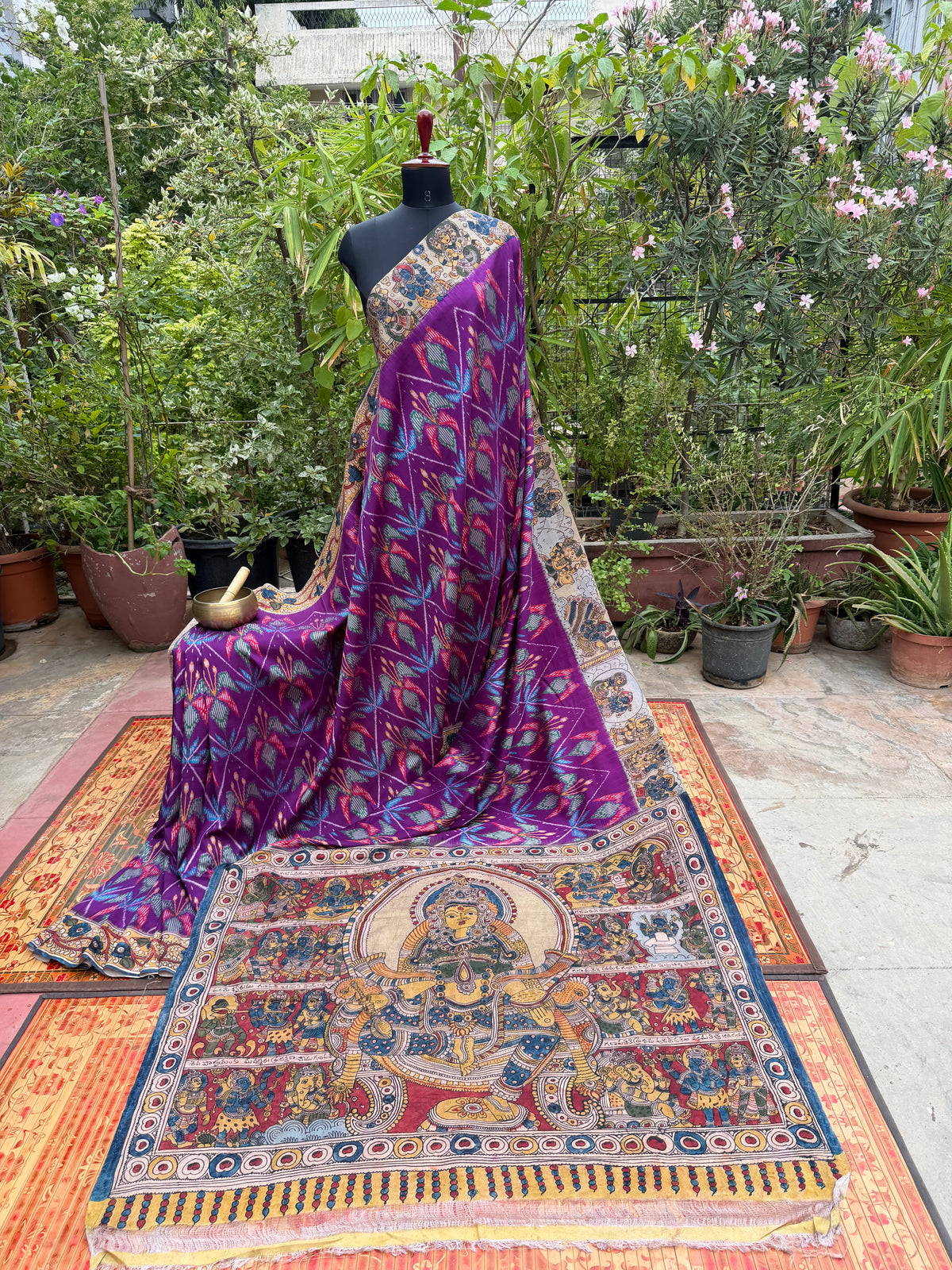 Pure Silk Handwoven Ikkat With Penkalamkari saree