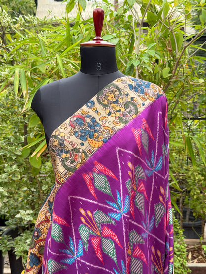 Pure Silk Handwoven Ikkat With Penkalamkari saree