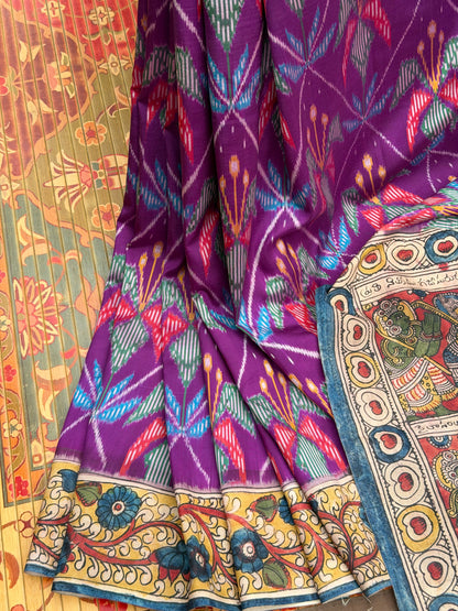 Pure Silk Handwoven Ikkat With Penkalamkari saree