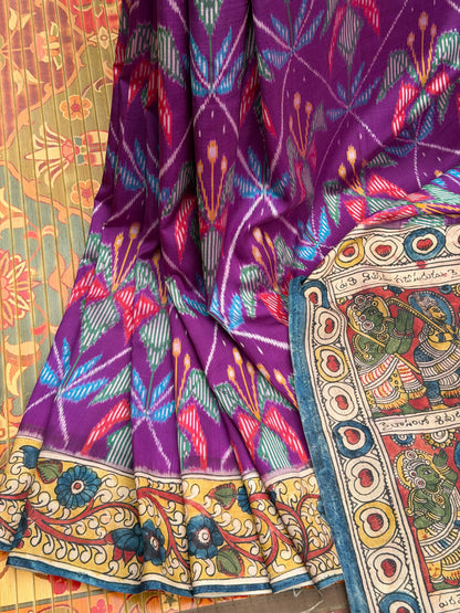 Pure Silk Handwoven Ikkat With Penkalamkari saree