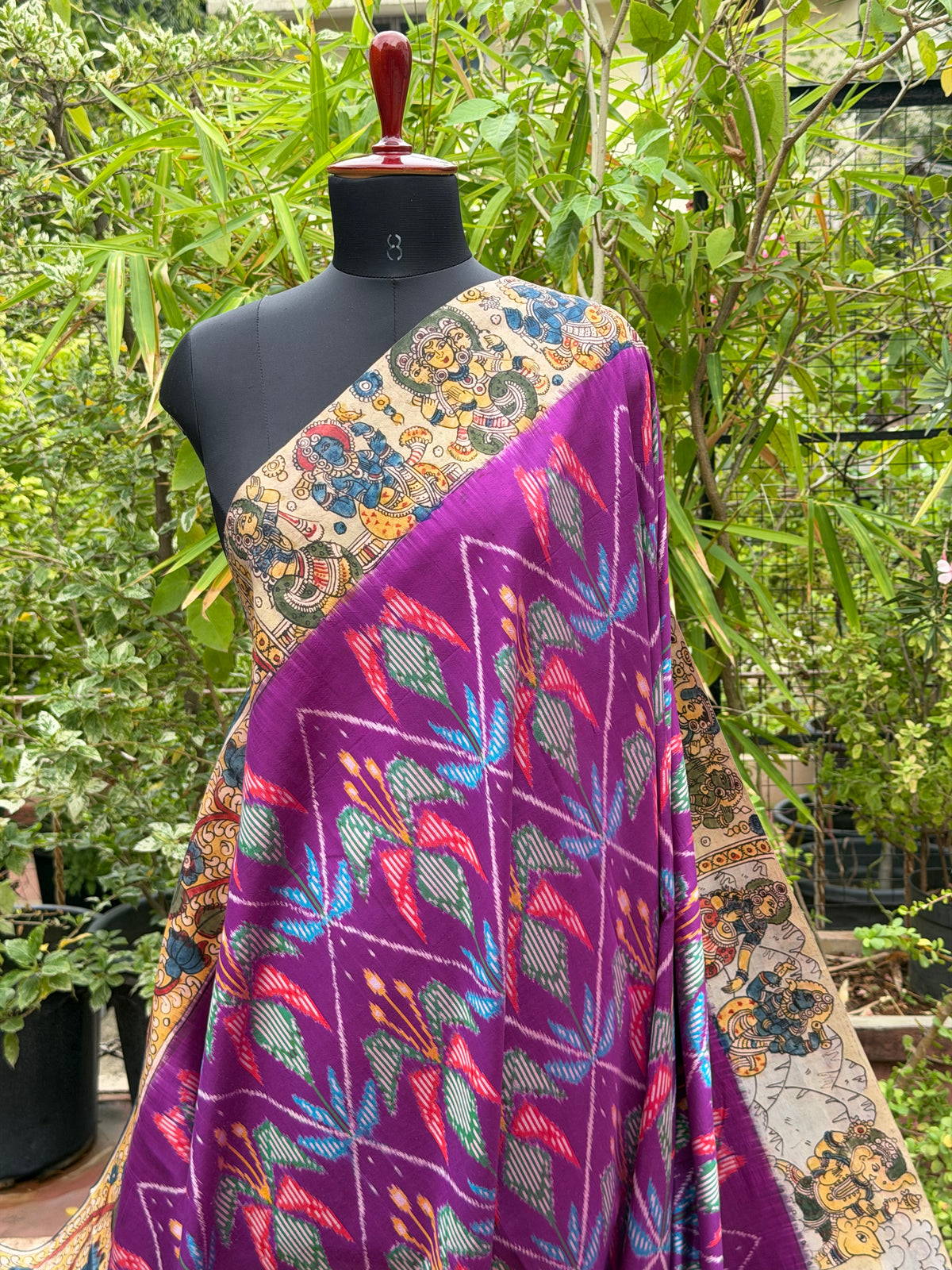Pure Silk Handwoven Ikkat With Penkalamkari saree