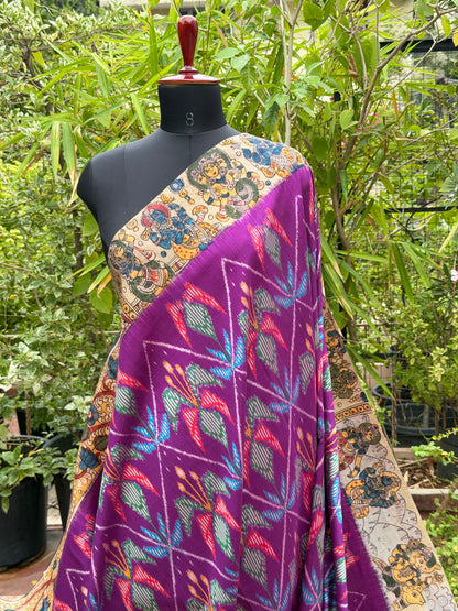 Pure Silk Handwoven Ikkat With Penkalamkari saree