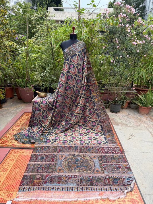 Pure Silk Handwoven Ikkat With Penkalamkari saree