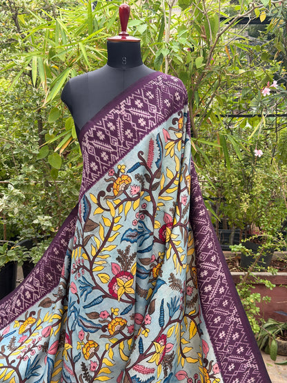 Pure Silk Handwoven Ikkat With Penkalamkari Saree