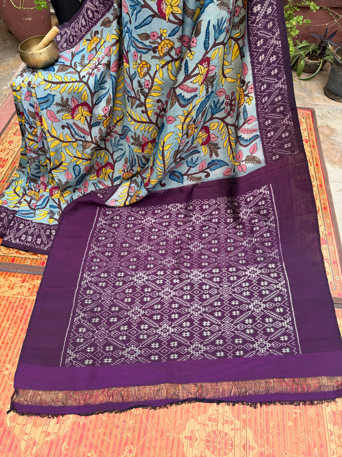 Pure Silk Handwoven Ikkat With Penkalamkari Saree