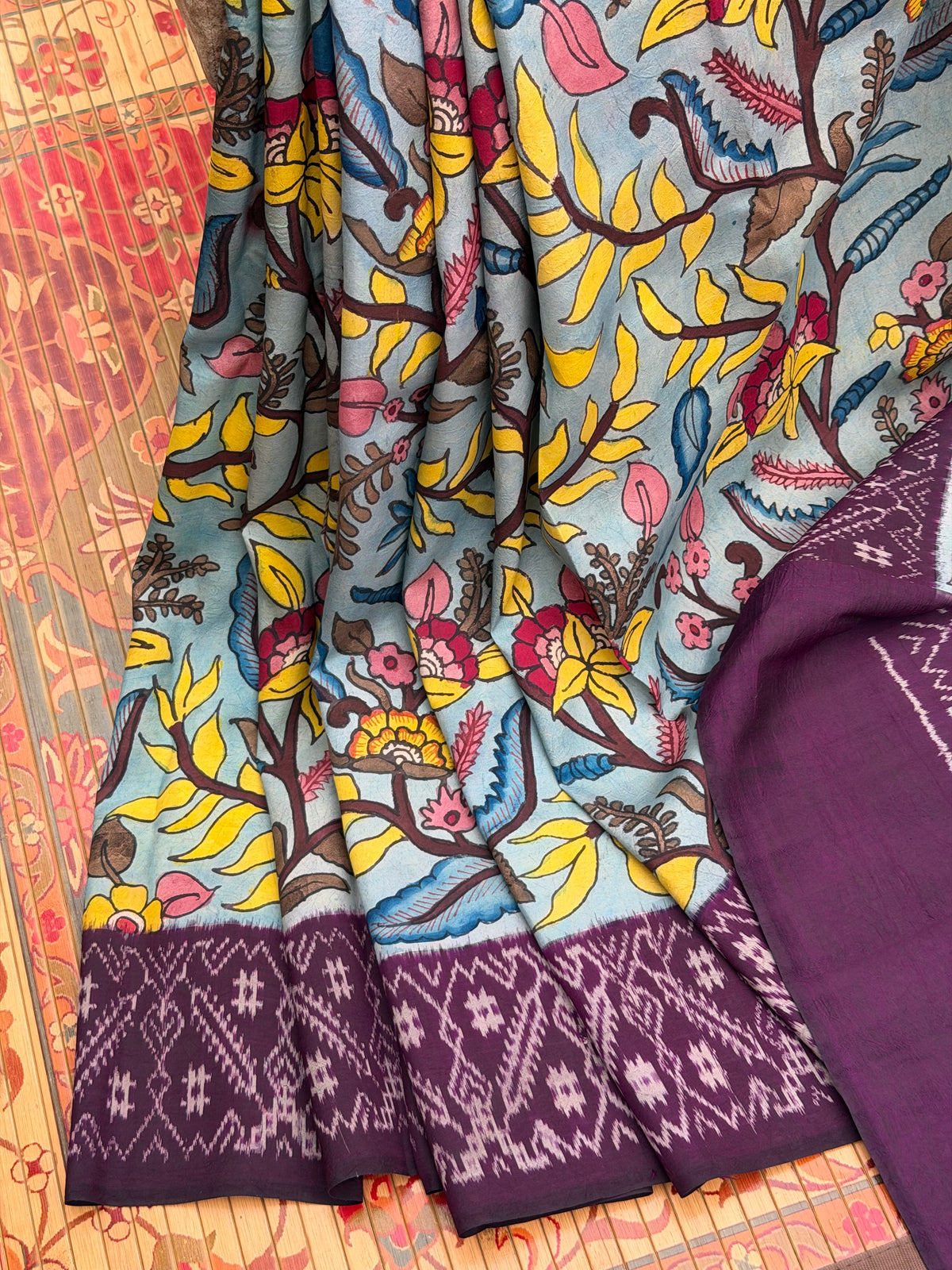 Pure Silk Handwoven Ikkat With Penkalamkari Saree