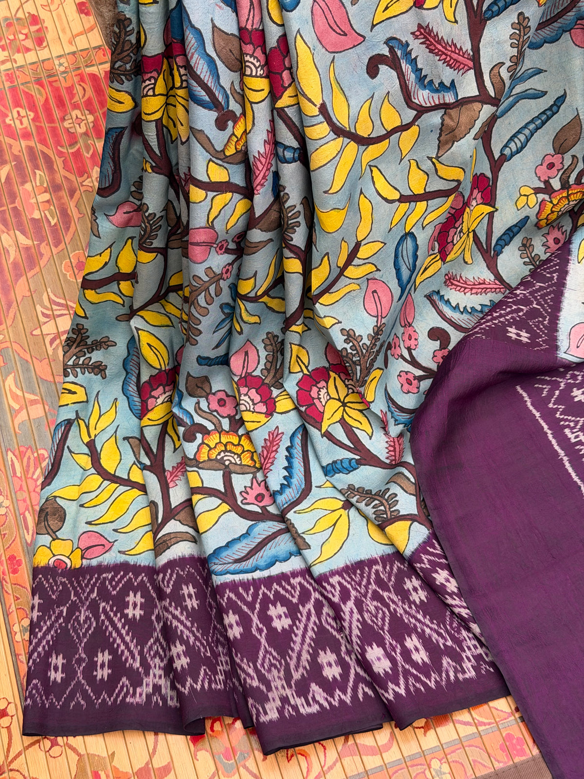 Pure Silk Handwoven Ikkat With Penkalamkari Saree